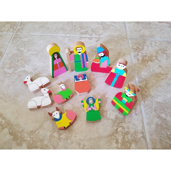 1960s Colorful Neon Nativity Scene Set Hand Painted 11 Pieces OOAK Vintage Holiday Spiritual Religious Building Blocks Unique Gift